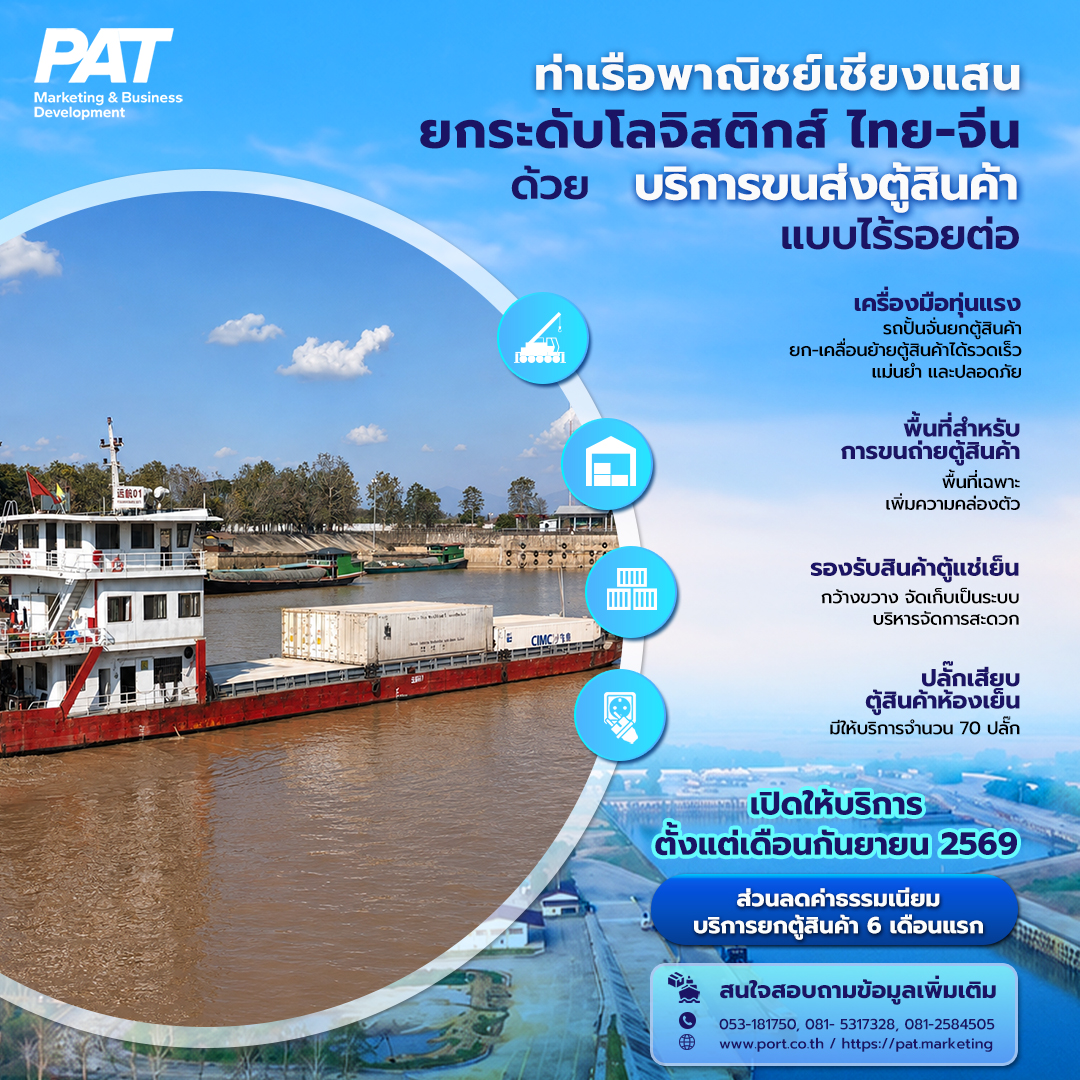 ท่าเรือพาณิชย์เชียงแสน ยกระดับโลจิสติกส์ไทย–จีน  ด้วยบริการขนส่งตู้สินค้าแบบไร้รอยต่อ